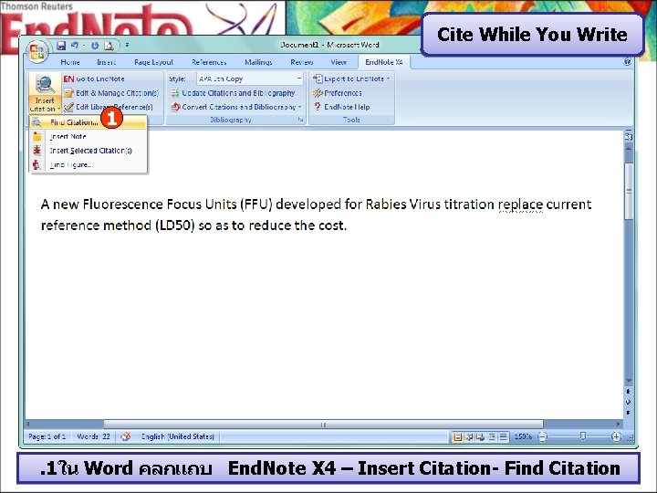 Cite While You Write 1 . 1ใน Word คลกแถบ End. Note X 4 –