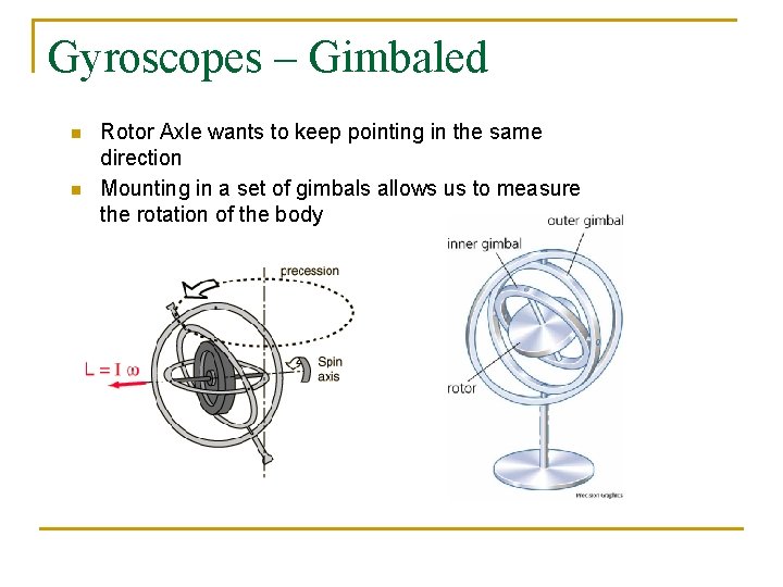 Gyroscopes – Gimbaled n n Rotor Axle wants to keep pointing in the same Gyroscopes – Gimbaled n n Rotor Axle wants to keep pointing in the same