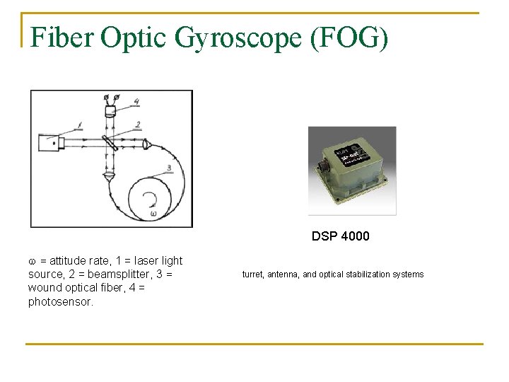 Fiber Optic Gyroscope (FOG) DSP 4000 w = attitude rate, 1 = laser light Fiber Optic Gyroscope (FOG) DSP 4000 w = attitude rate, 1 = laser light