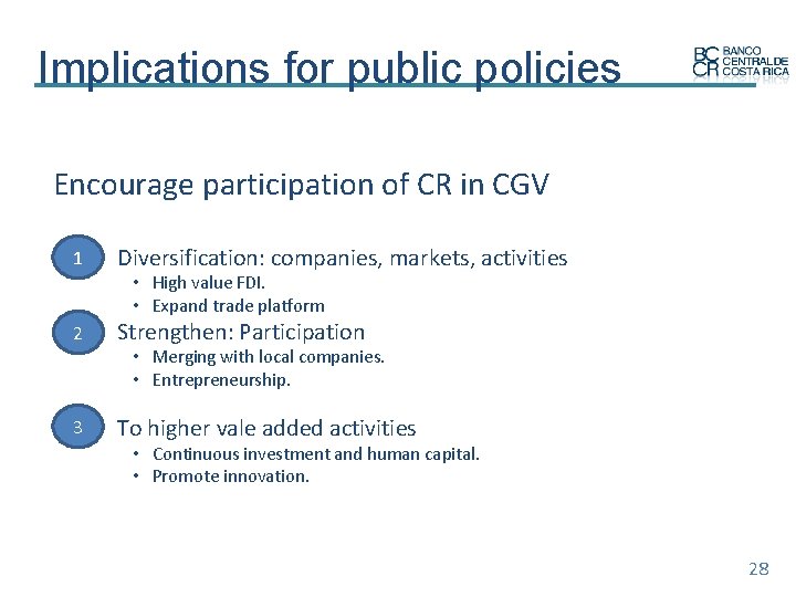 Implications for public policies Encourage participation of CR in CGV 1 • Diversification: companies,