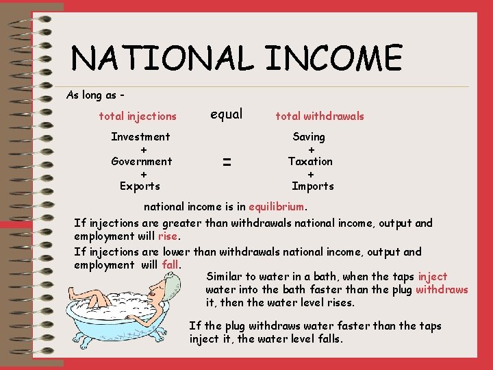NATIONAL INCOME As long as total injections Investment + Government + Exports equal =