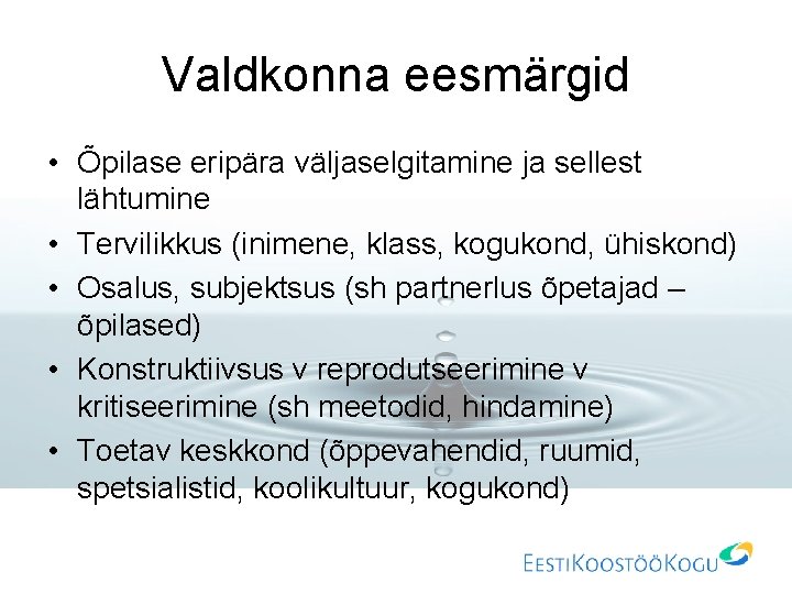 Valdkonna eesmärgid • Õpilase eripära väljaselgitamine ja sellest lähtumine • Tervilikkus (inimene, klass, kogukond,