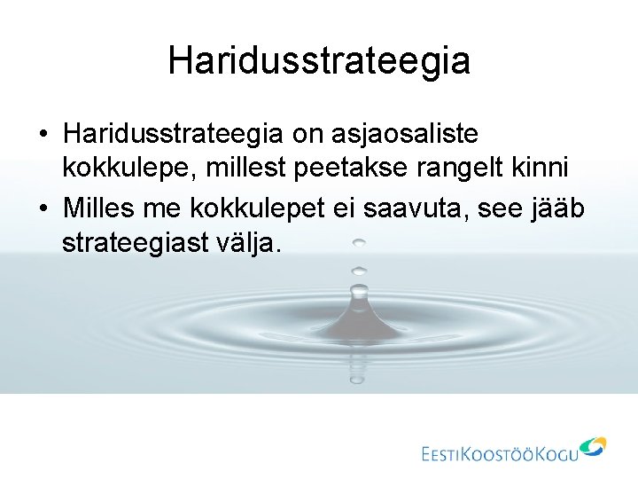 Haridusstrateegia • Haridusstrateegia on asjaosaliste kokkulepe, millest peetakse rangelt kinni • Milles me kokkulepet