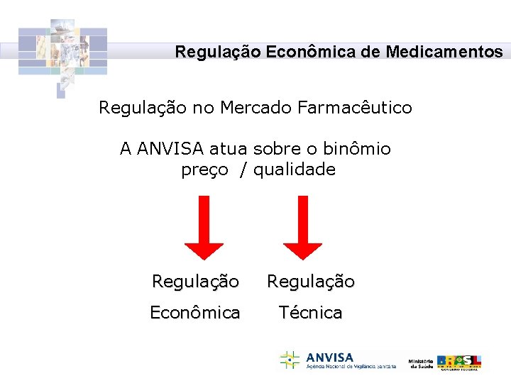 Regulação Econômica de Medicamentos Regulação no Mercado Farmacêutico A ANVISA atua sobre o binômio