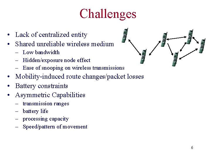 Challenges • Lack of centralized entity • Shared unreliable wireless medium – Low bandwidth