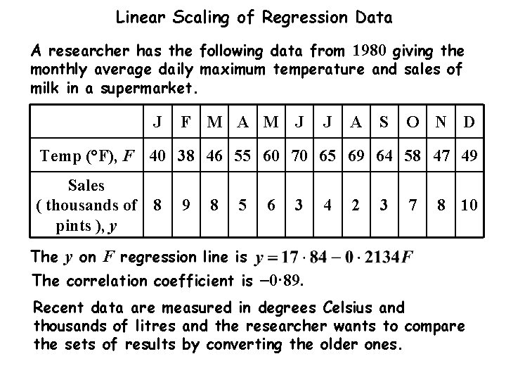 Linear Scaling of Regression Data A researcher has the following data from 1980 giving