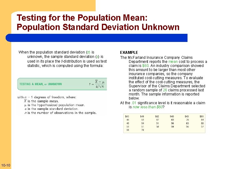 Testing for the Population Mean: Population Standard Deviation Unknown When the population standard deviation