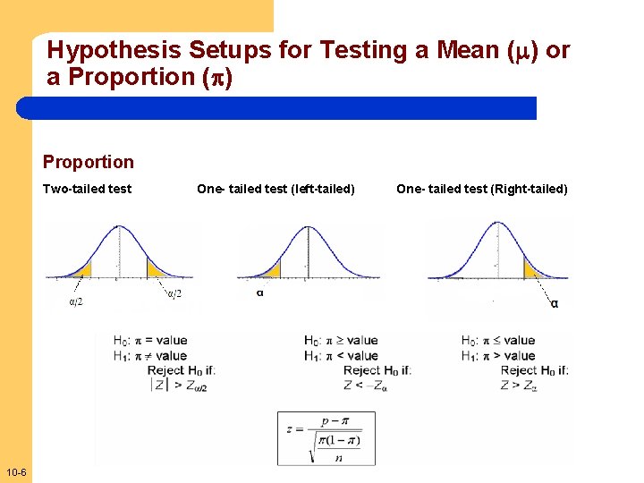 Hypothesis Setups for Testing a Mean ( ) or a Proportion ( ) Proportion