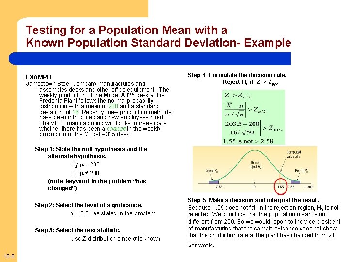 Testing for a Population Mean with a Known Population Standard Deviation- Example EXAMPLE Jamestown