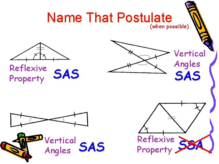 Name That Postulate (when possible) Reflexive Property SAS Vertical Angles SAS Reflexive Property SSA