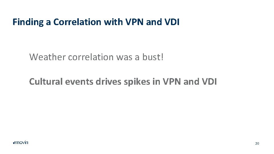 Finding a Correlation with VPN and VDI Weather correlation was a bust! Cultural events
