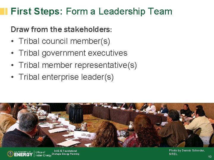 First Steps: Form a Leadership Team Draw from the stakeholders: • Tribal council member(s)