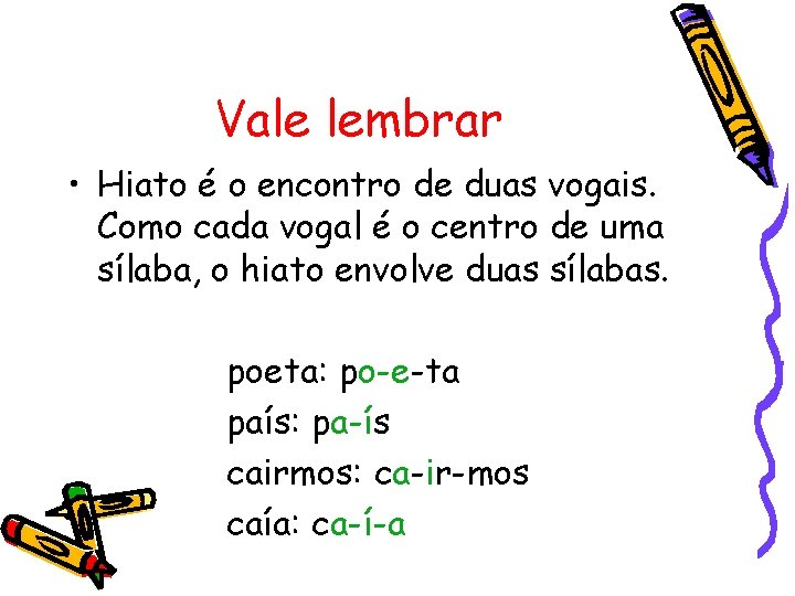 Vale lembrar • Hiato é o encontro de duas vogais. Como cada vogal é