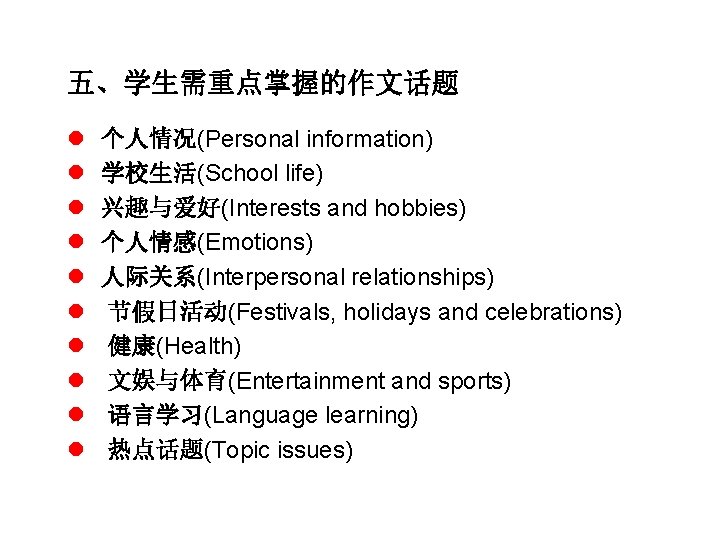 五、学生需重点掌握的作文话题 l l l l l 个人情况(Personal information) 学校生活(School life) 兴趣与爱好(Interests and hobbies) 个人情感(Emotions)