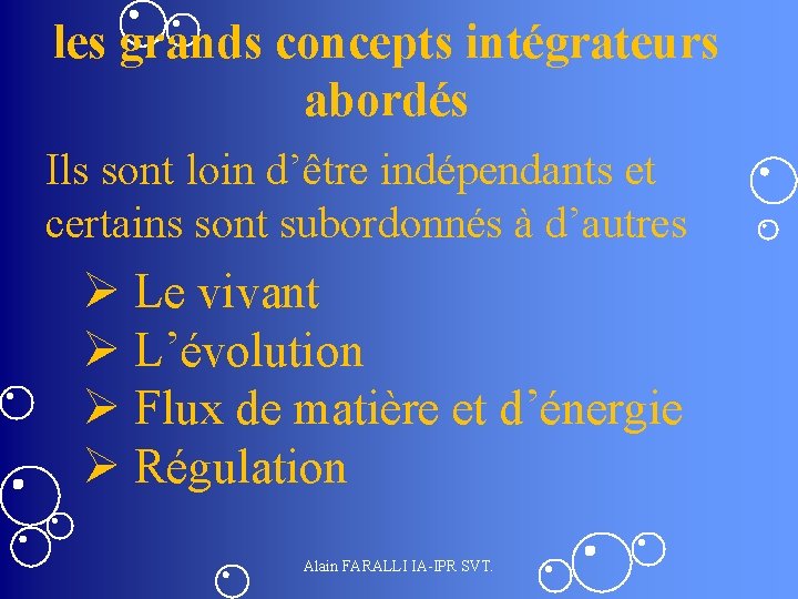 les grands concepts intégrateurs abordés Ils sont loin d’être indépendants et certains sont subordonnés