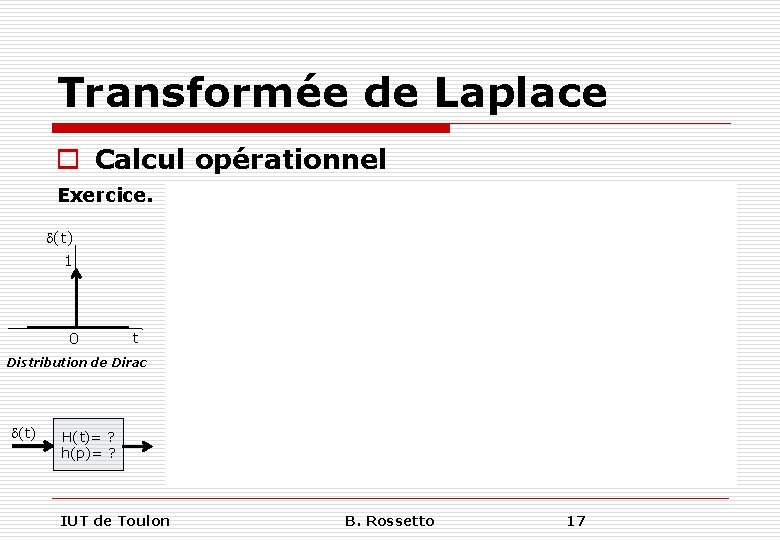 Transformée de Laplace o Calcul opérationnel Exercice. d(t) 1 0 t Distribution de Dirac