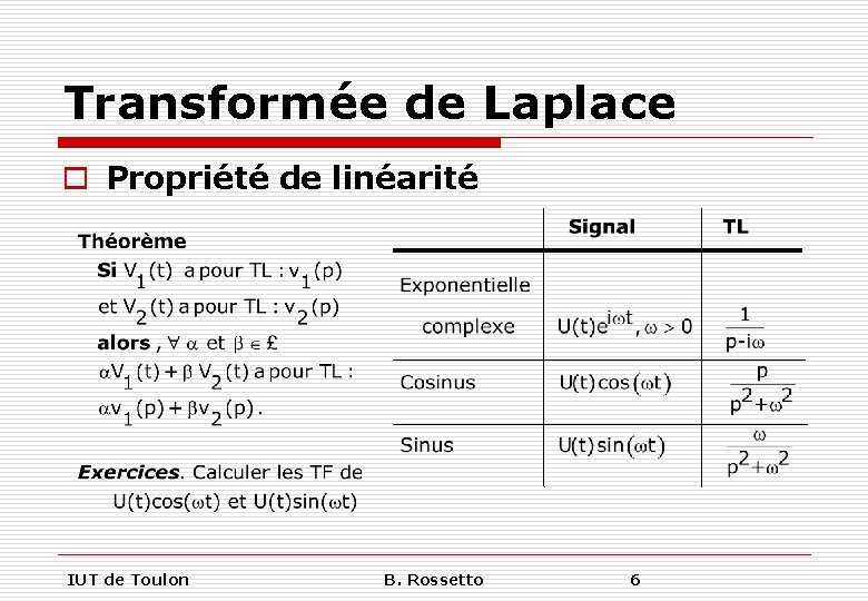 Transformée de Laplace o Propriété de linéarité IUT de Toulon B. Rossetto 6 
