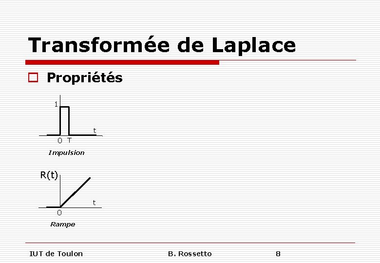 Transformée de Laplace o Propriétés 1 t 0 T Impulsion R(t) t 0 Rampe