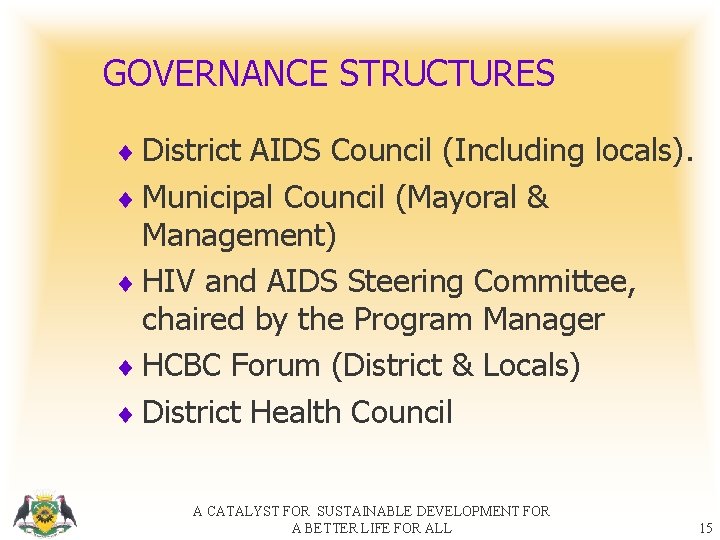 GOVERNANCE STRUCTURES ¨ District AIDS Council (Including locals). ¨ Municipal Council (Mayoral & Management)