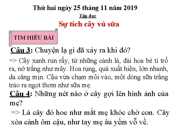 Thứ hai ngày 25 tháng 11 năm 2019 Tập đọc Sự tích cây vú