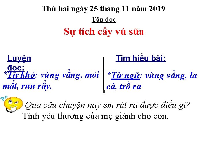 Thứ hai ngày 25 tháng 11 năm 2019 Tập đọc Sự tích cây vú