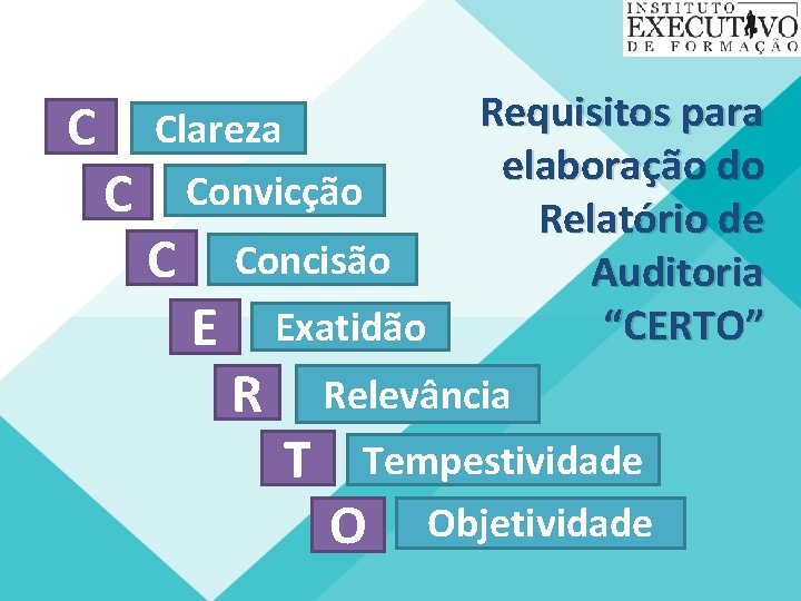 C C Clareza Convicção C Concisão E Exatidão R Requisitos para elaboração do Relatório