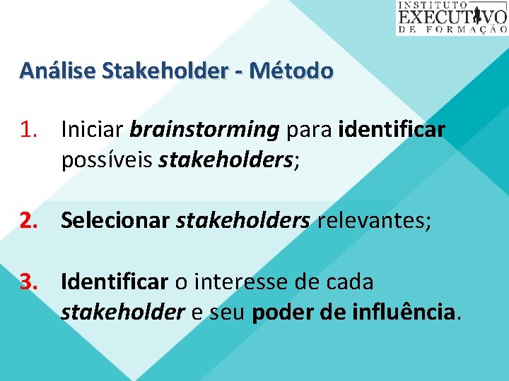 Análise Stakeholder - Método 1. Iniciar brainstorming para identificar possíveis stakeholders; 2. Selecionar stakeholders