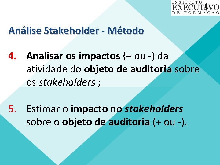 Análise Stakeholder - Método 4. Analisar os impactos (+ ou -) da atividade do