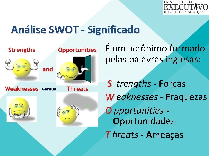 Análise SWOT - Significado É um acrônimo formado pelas palavras inglesas: S trengths -