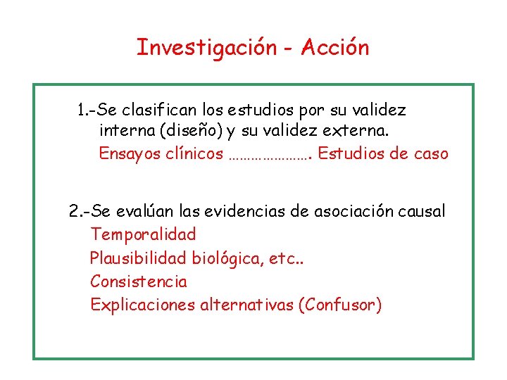 Investigación - Acción 1. -Se clasifican los estudios por su validez interna (diseño) y