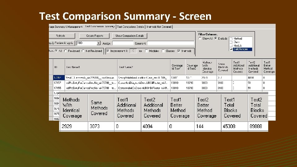 Test Comparison Summary - Screen 