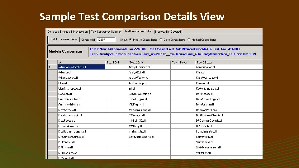 Sample Test Comparison Details View 