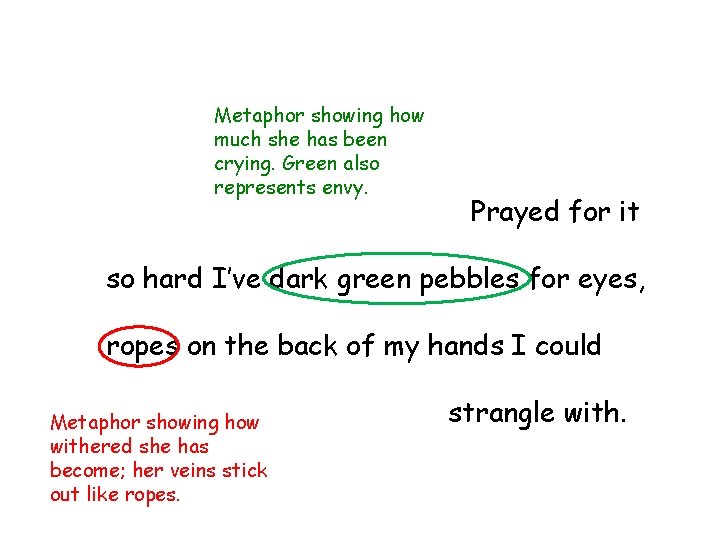 Metaphor showing how much she has been crying. Green also represents envy. Prayed for