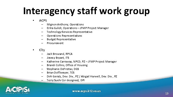 Interagency staff work group • ACPS – – – • City – – –