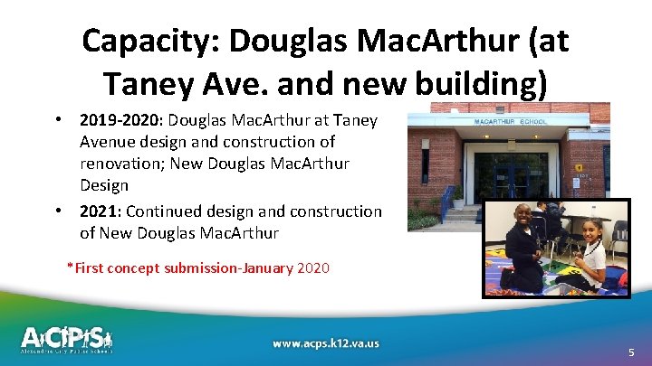 Capacity: Douglas Mac. Arthur (at Taney Ave. and new building) • 2019 -2020: Douglas