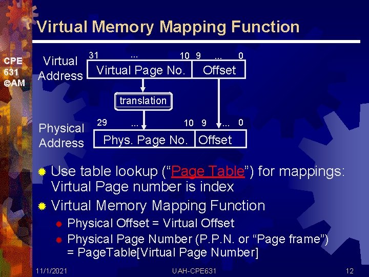 Virtual Memory Mapping Function CPE 631 AM Virtual Address . . . 31 10