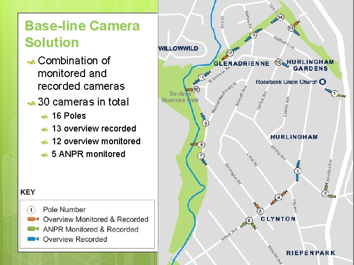 Base-line Camera Solution Combination of monitored and recorded cameras 30 cameras in total 16