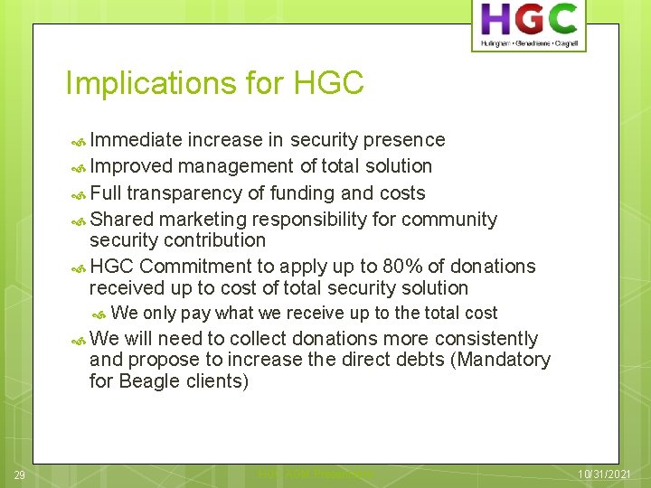 Implications for HGC Immediate increase in security presence Improved management of total solution Full