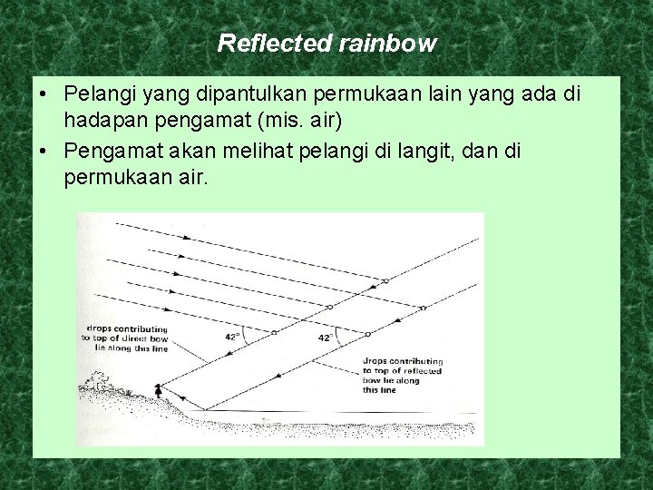 Reflected rainbow • Pelangi yang dipantulkan permukaan lain yang ada di hadapan pengamat (mis.