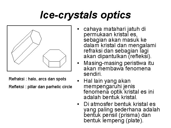 Ice-crystals optics Refraksi : halo, arcs dan spots Refleksi : pillar dan parhelic circle