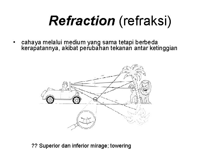 Refraction (refraksi) • cahaya melalui medium yang sama tetapi berbeda kerapatannya, akibat perubahan tekanan