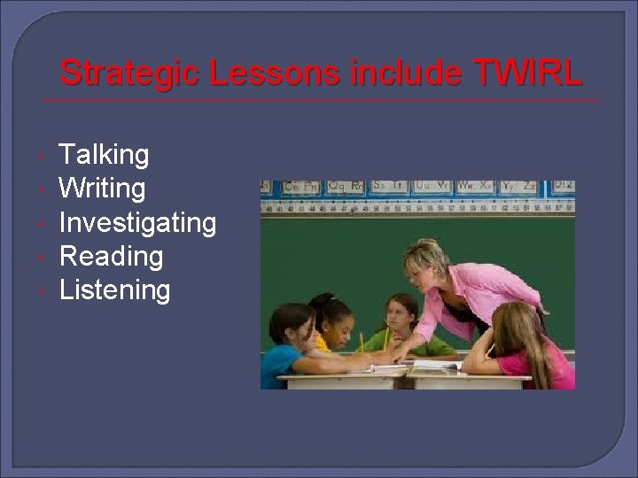 Strategic Lessons include TWIRL Talking Writing Investigating Reading Listening 