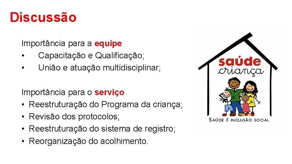 Discussão Importância para a equipe • Capacitação e Qualificação; • União e atuação multidisciplinar;