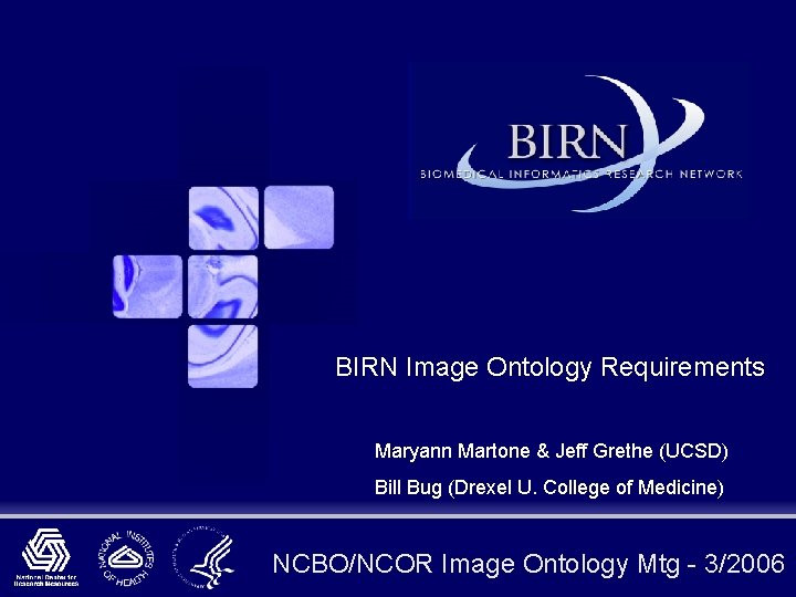 BIRN Image Ontology Requirements Maryann Martone & Jeff Grethe (UCSD) Bill Bug (Drexel U.