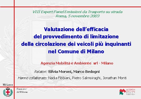 VIII Expert Panel Emissioni da Trasporto su strada Roma, 5 novembre 2003 Valutazione dell’efficacia