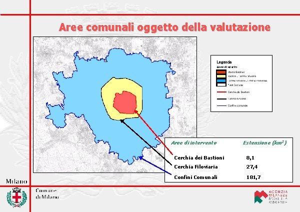 Aree comunali oggetto della valutazione Aree di intervento Estensione (km 2) Cerchia dei Bastioni