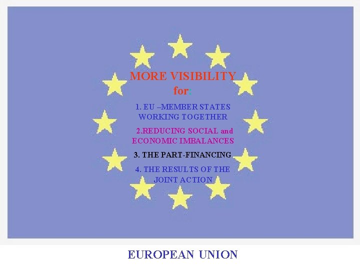 MORE VISIBILITY for: 1. EU –MEMBER STATES WORKING TOGETHER 2. REDUCING SOCIAL and ECONOMIC