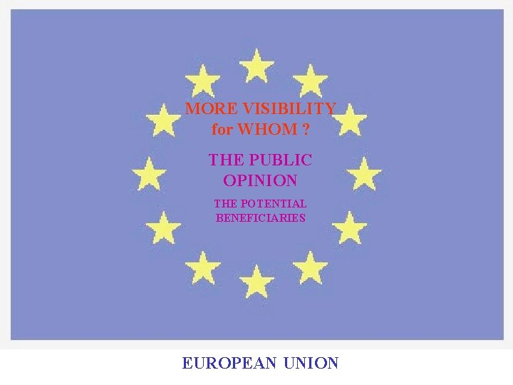 MORE VISIBILITY for WHOM ? THE PUBLIC OPINION THE POTENTIAL BENEFICIARIES EUROPEAN UNION 