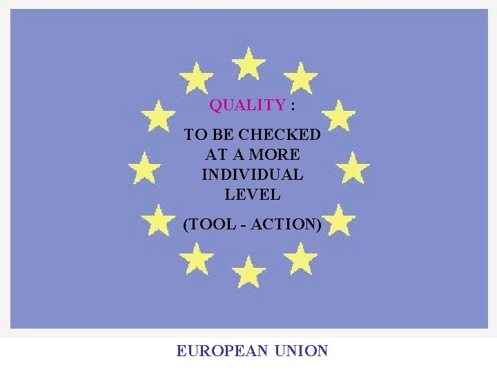 QUALITY : TO BE CHECKED AT A MORE INDIVIDUAL LEVEL (TOOL - ACTION) EUROPEAN