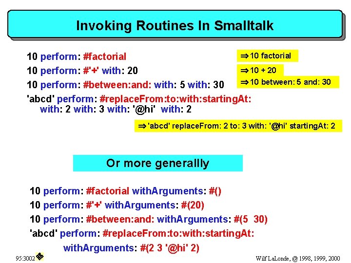 Invoking Routines In Smalltalk 10 factorial 10 perform: #factorial 10 + 20 10 perform: